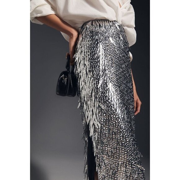 NWT Anthropologie Sequin Fringe Skirt 0P Silver Pencil Cocktail HTF - Picture 2 of 11